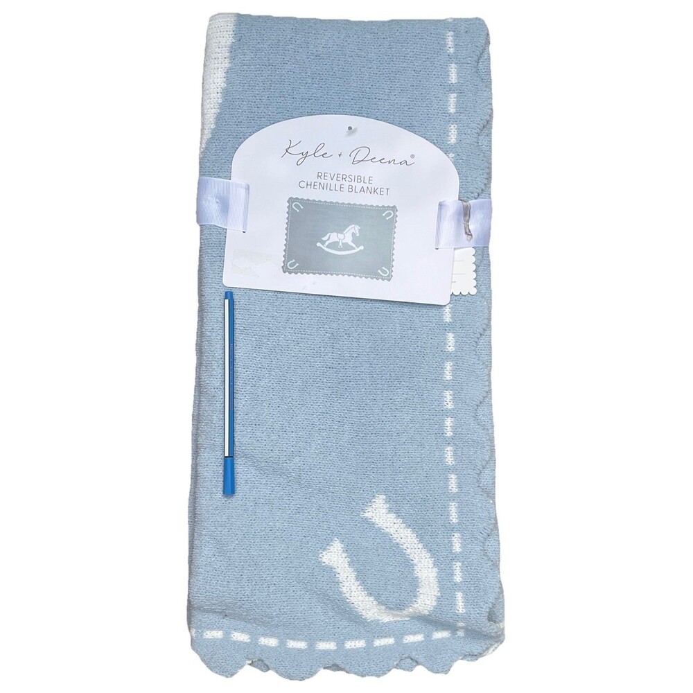 Kyle & Deena Blue Rocking Horse Scalloped Edge Chenille Baby Blanket Reversible
